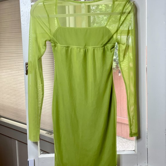 Slinky Lime Neon Green Mesh Long Sleeve Mini Dress - Picture 4 of 7